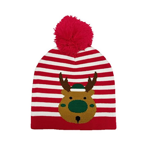 STRIPED RUDOLPH POM POM BEANIE HAT - Picture 3 of 3